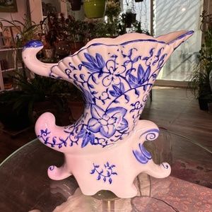 Vintage Cornucopia Vase, Blue and White Ceramic